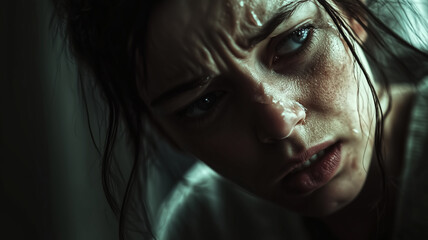 Fototapeta premium A woman in mid-cry, her mouth slightly open, and her eyes tightl