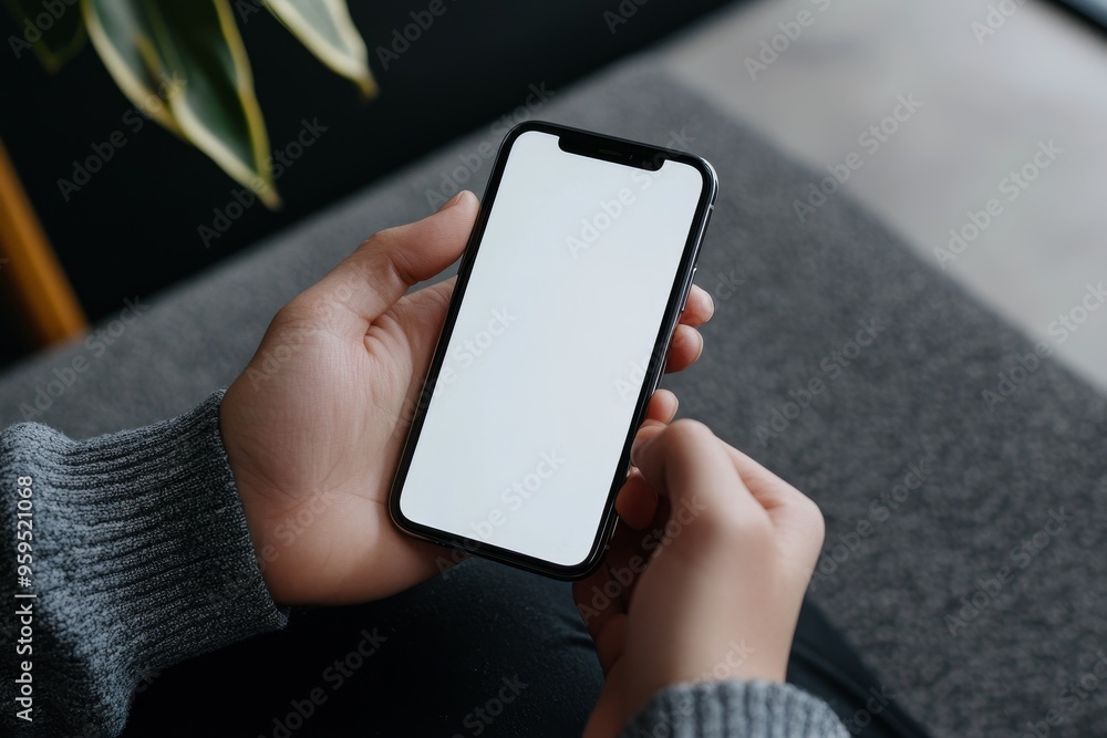 Poster close-up of a hand holding a smartphone with a blank screen.