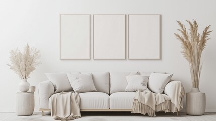 A bright, minimalist living room featuring a white sofa, neutral decor elements, and three blank frames on the wall.