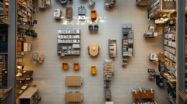 Aerial view of modern library showcasing various bookshelves, study areas, and cozy seating for readers.