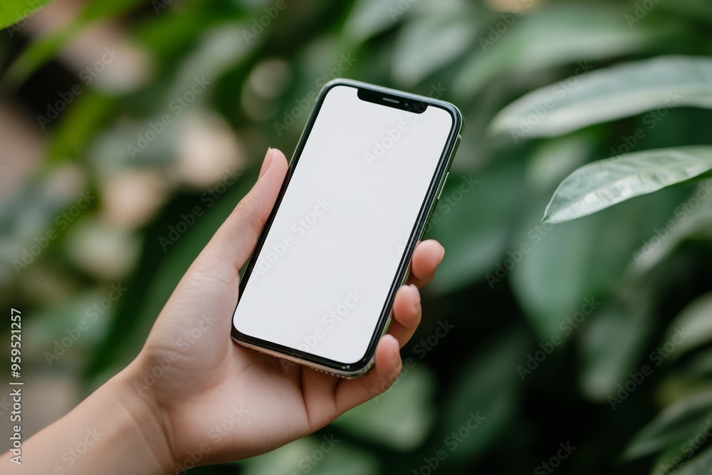 Poster closeup of a hand holding a smartphone with a blank white screen against a blurred background of lus