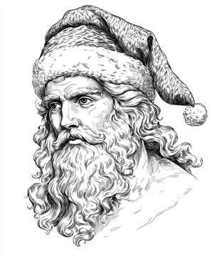 recommend clip art: Black and white Vintage engraved art of Zeus with a Christmas Santa hat, isolated on white background, ink sketch illustration, simple vector art design, highly detailed line art, high contrasty