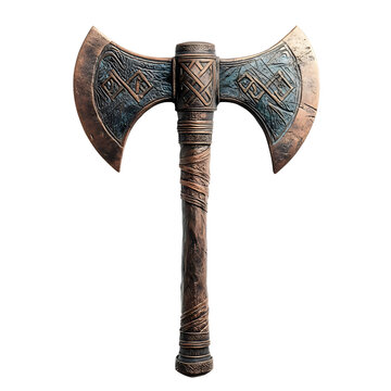 Double-headed axe with intricate carvings on the blades and handle isolated on a transparent background.