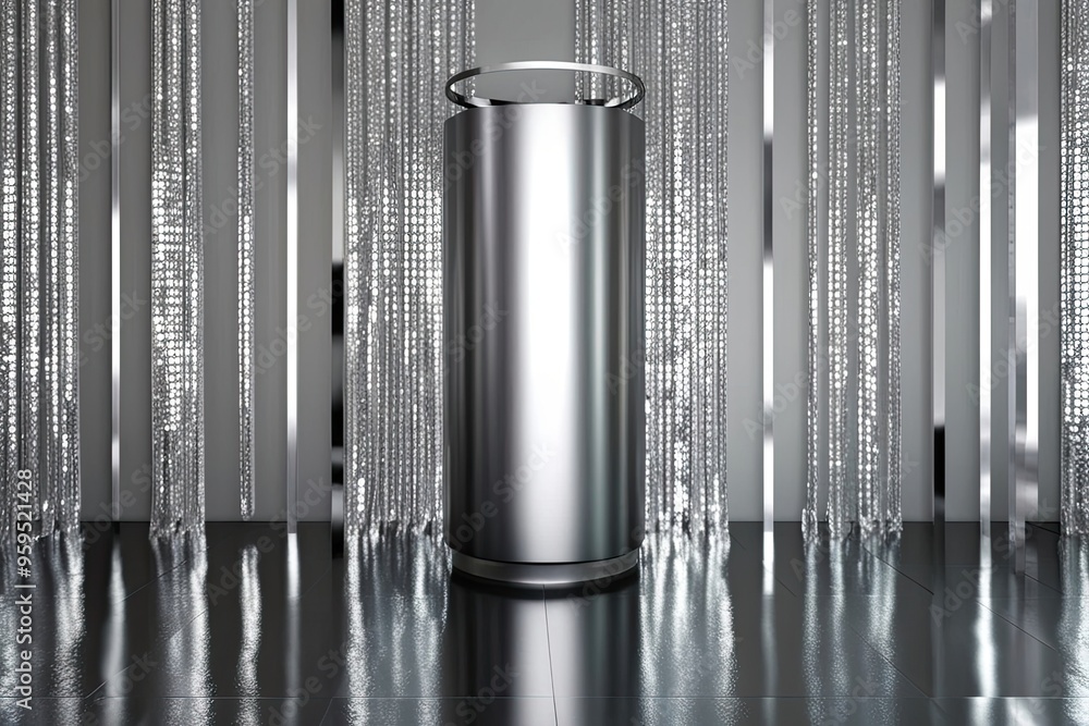 Poster modern 3d silver cylinder backdrop with sparkling abstract pattern