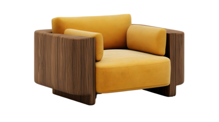 Modern armchair with wooden frame and yellow fabric upholstery, isolated on a transparent background, png download.