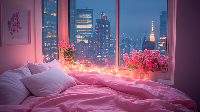 Fototapeta Modern style luxury pink master bedroom with blurry city view in the night background