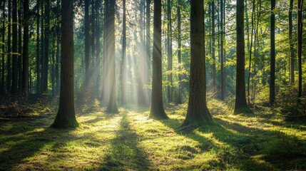 Fototapeta premium A dense forest with sunlight filtering through the tall trees, casting long shadows, copy space