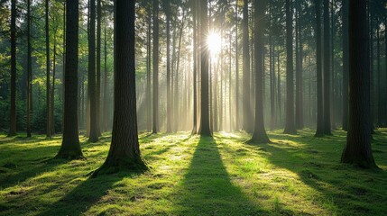 Obraz premium A dense forest with sunlight filtering through the tall trees, casting long shadows, copy space