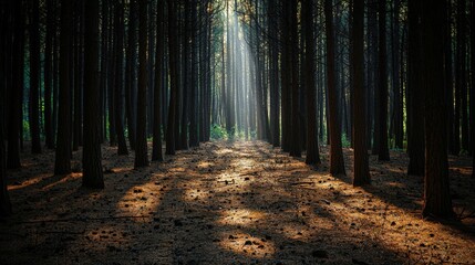 Fototapeta premium A dense forest with sunlight filtering through the tall trees, casting long shadows, copy space