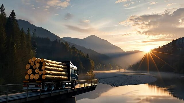 A electric black truck loaded with logs driving across a modern bridge over a tranquil river