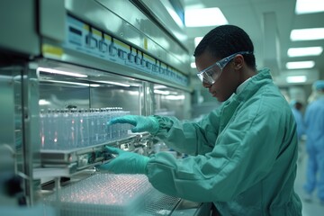 Scientist inserting genetically modified organisms into bioreactors in a sterile lab environment