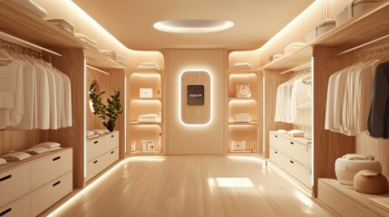 A dressing room with energy-efficient lighting solutions, reducing electricity consumption, copy space