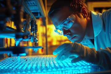 Scientist inserting samples into a high-tech DNA sequencing machine, biotech innovation