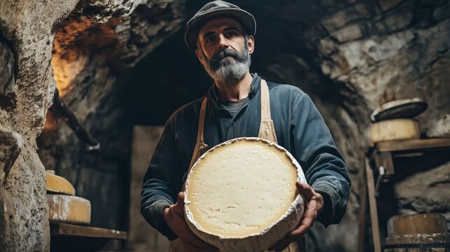 Man in rustic cellar proudly holding a large wheel of handmade cheese, showcasing traditional cheese-making process.