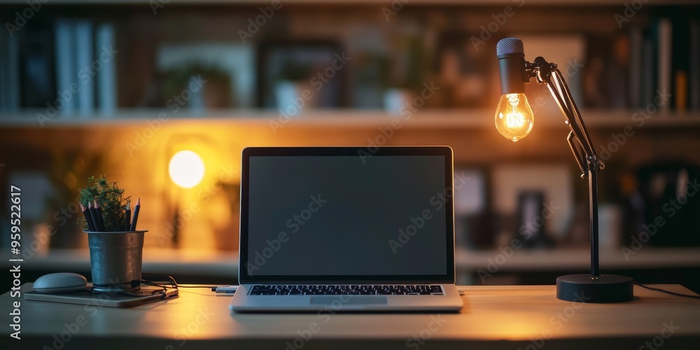 Aufkleber a laptop computer sits on a desk with a lamp and a pencil holder in the background.