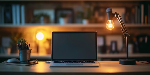 A laptop computer sits on a desk with a lamp and a pencil holder in the background. - Powered by Adobe