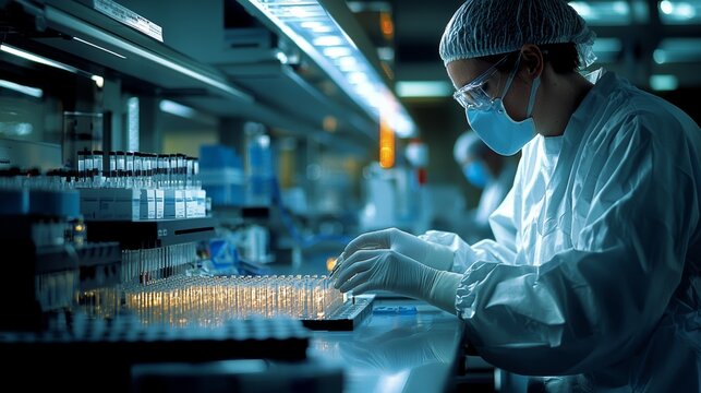 Scientist programming robotic equipment in a sterile lab for genetic engineering projects