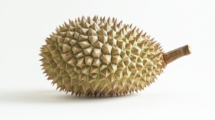 A durian, showcasing its spiky shell and soft flesh, isolated on a white background, emphasizing its unique export quality