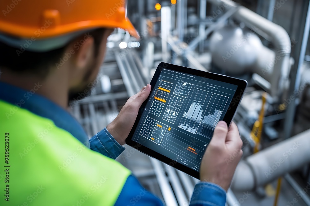 Aufkleber industrial worker examining data on a tablet in a factory setting