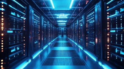 A futuristic data center with rows of servers, glowing lights, and advanced cooling systems, copy space