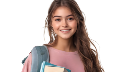 Portrait of a young woman with long wavy brown hair smiling and holding books isolated on a transparent background.