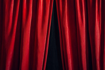 Red velvet curtains with a small gap in the middle.