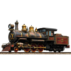 Fototapeta premium Vintage steam locomotive with gold accents set on a transparent background.