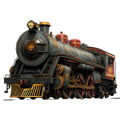 Fototapeta premium Vintage Steam Locomotive with Rusty Metal and Gold Accents Isolated on a Transparent Background