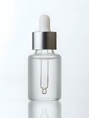 Frosted Glass Bottle with Essential Oil Dropper on White Background