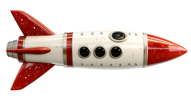 Retro Red and White Rocket Ship with Dented Surface and Shiny Details on Transparent Background - Powered by Adobe