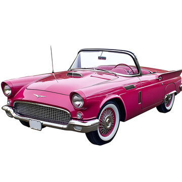 Classic Pink Convertible Car with Chrome Trim and Whitewall Tires Isolated on a Transparent Background