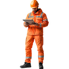 Construction worker wearing an orange jumpsuit with a hard hat looking at a tablet isolated on a transparent background.