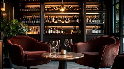 A plush seating area with deep tones and a selection of fine wines