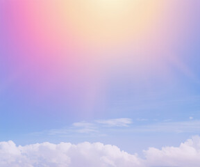 Obraz premium Sky midday sunlight beams rainbow pastel gradient pale orange-pink purple-blue dramatic. Beautiful sunny day soft light clouds blur background.
