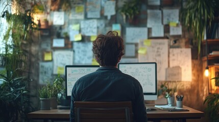 Obraz premium Man Working at a Desk in a Home Office.