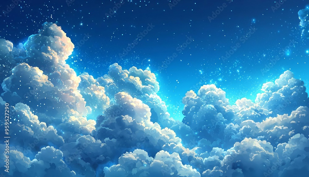 Poster a stunning view of fluffy clouds illuminated by a soft blue light, creating a serene and tranquil at