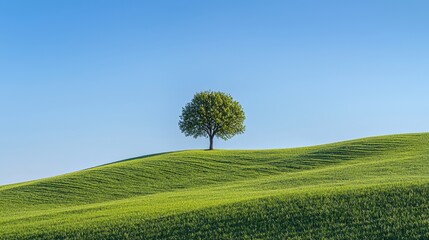 A lone tree on the crest of rolling green hills, beneath a clear blue sky, copy space