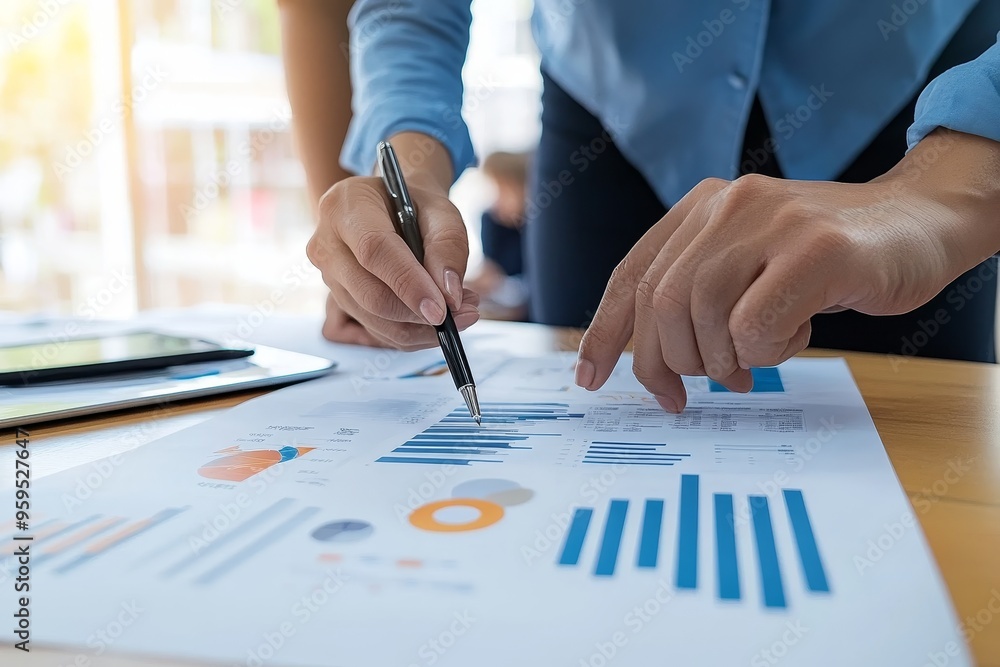 Poster Close-up of a person's hand pointing at a bar graph on a sheet of paper while holding a pen.