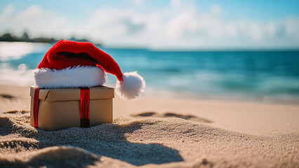 A Santa hat and gift box on a sandy beach by the ocean.