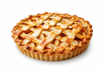 A freshly baked apple pie with a golden lattice crust, perfect for dessert or a festive occasion, A golden-brown pie with a lattice crust, typically filled with fruit, Apple pie isolated on a white 
