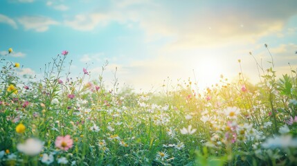 A lush green meadow with wildflowers in full bloom, under a bright, sunny sky, copy space