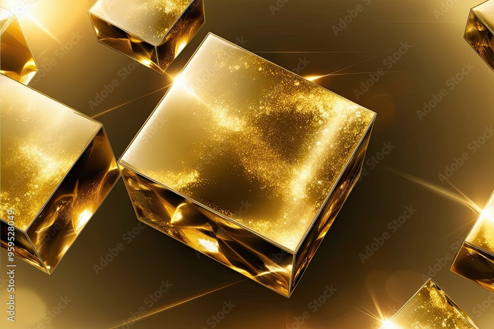 Poster 3d golden abstract cube design with shimmering effects and visual depth