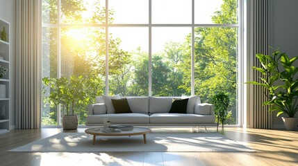 A modern living room illuminated by natural sunlight through energy-efficient windows, clean energy concept