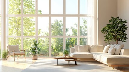 Fototapeta premium A modern living room illuminated by natural sunlight through energy-efficient windows, clean energy concept