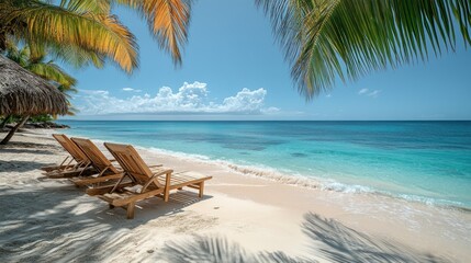 Relaxing Beach Scene with Palm Trees and Loungers