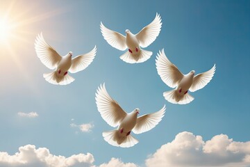 Obraz premium Joyful Doves Soaring in a Radiant Sky Atmosphere