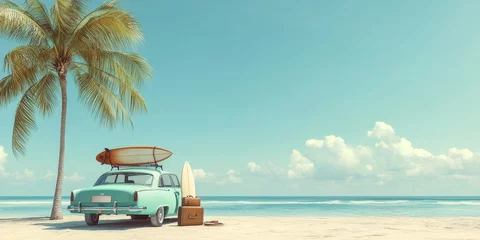 Gordijnen A vintage car parked on a sandy beach with palm trees, surfboards, and suitcases. © adri