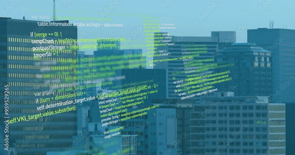 Poster computer code animation over cityscape with modern buildings