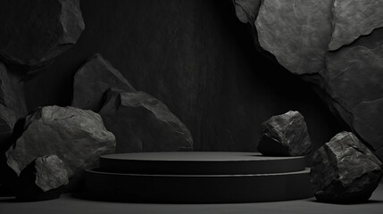 Carved From Solid Rock, The Dark Black Podium Stands Empty, Its Clean Lines Providing The Perfect Display For A Bold Product Showcase.  