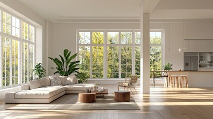 Fototapeta premium An open-plan living room with energy-efficient lighting and heating, emphasizing sustainability, copy space --ar 16:9 --quality 2 --v 6.1 Job ID: 9c7527c9-6cc4-4e2b-8a34-201fb47a75a6